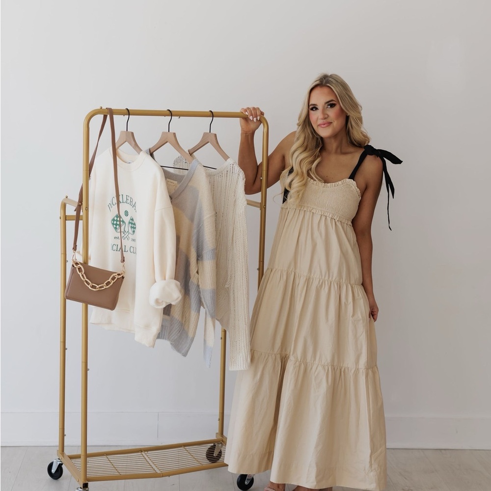 NWT Lalavon Beige Maxi Dress with Black Straps